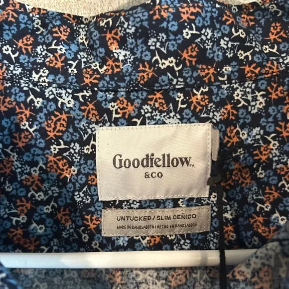 NWT Slim Fit Small Goodfellow & Co Blue Floral Button Down Long Sleeve Shirt - Picture 2 of 6